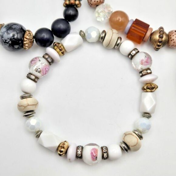 Three Mixed Media Stretch Bracelets‎ Black and Neutral Colors One with a Tassel - Picture 3 of 6